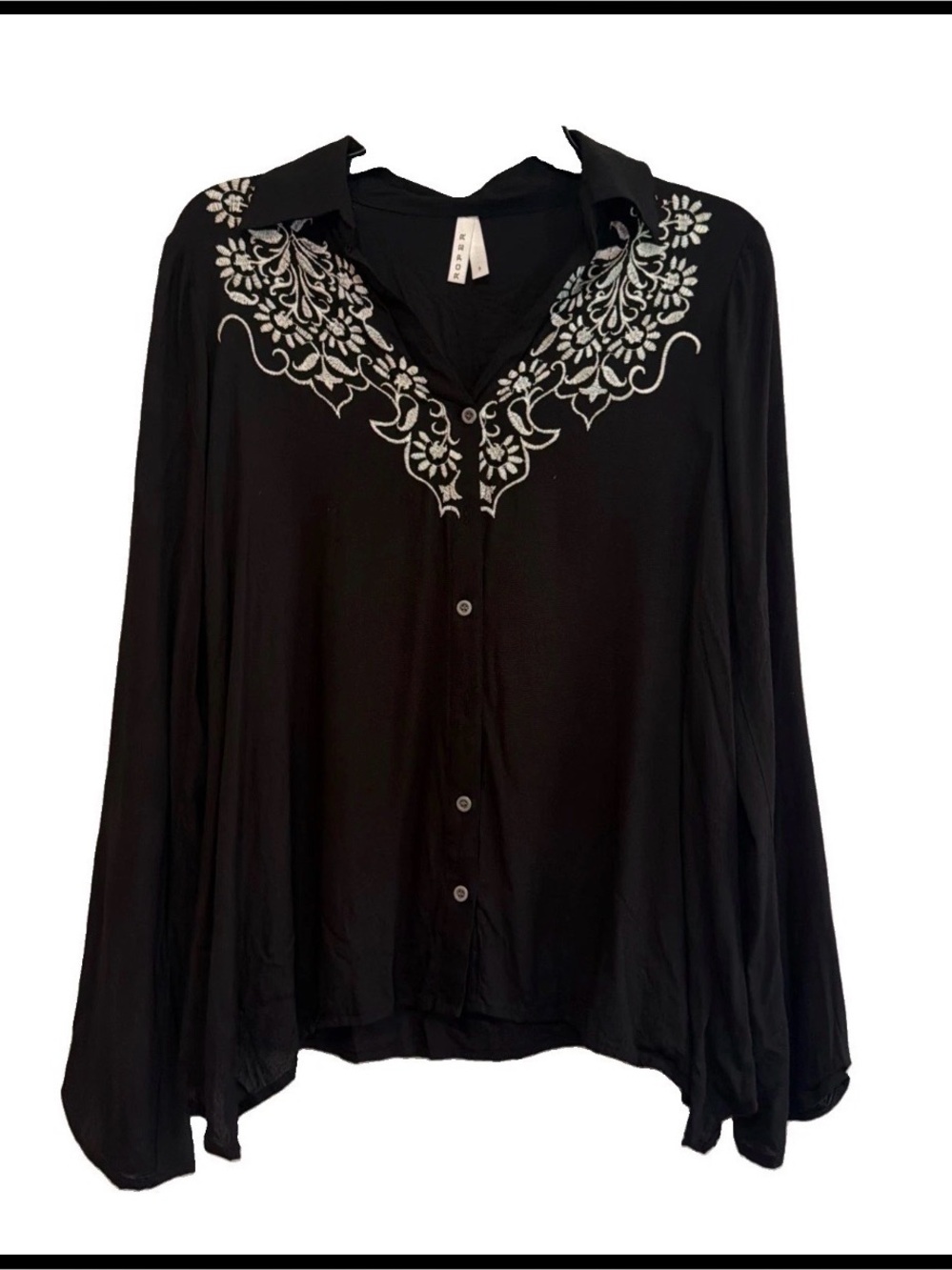 Roper Black Embroidered Long Sleeve Button Up Peasant Blouse Size S